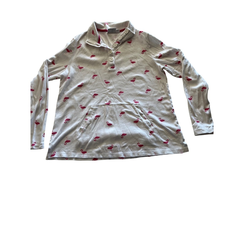 Kim Rogers Womens Petite Small White Pink Flamingo Long Sleeve Polo Shirt Cotton